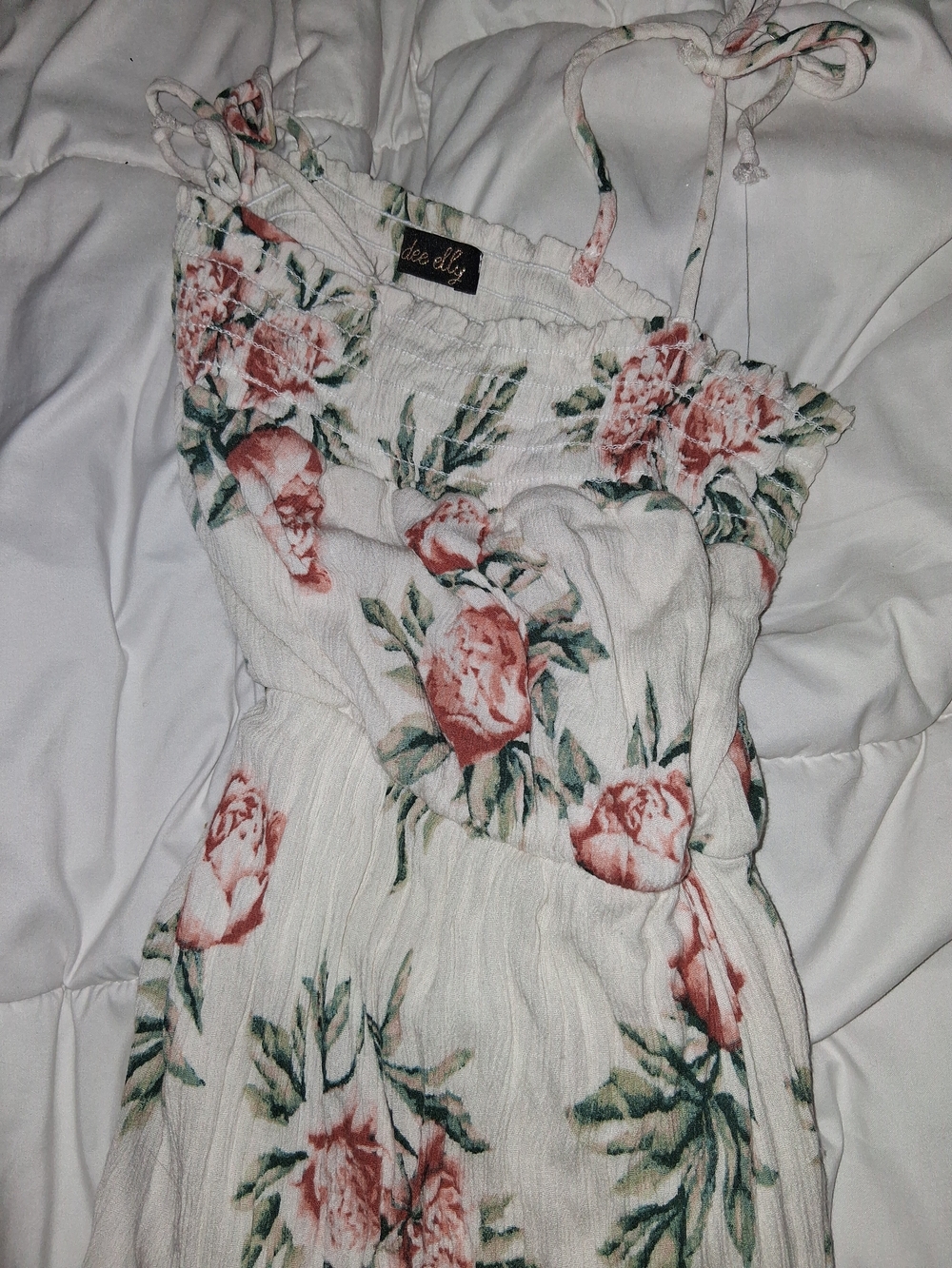 dee elly White Floral Maxi Dress with Pink Rose Print